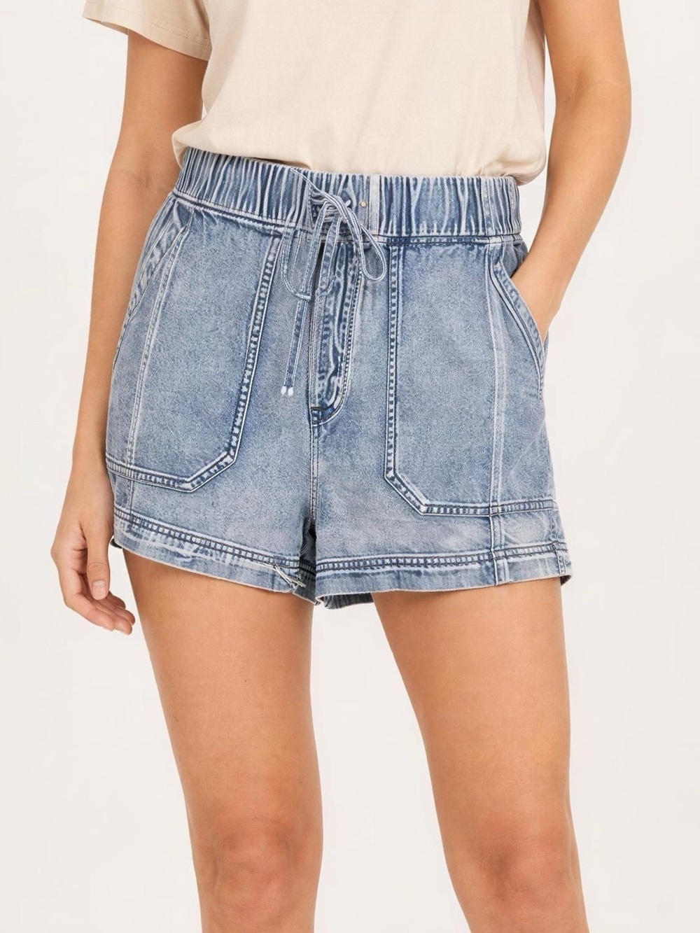 Women’s Light Blue Denim Drawstring Shorts with Front Pockets
